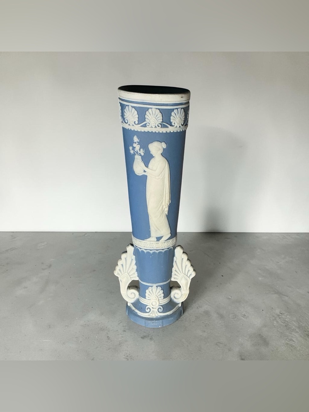 Vintage Blue Jasperware Style 8.5” Vase Classical Grecian Relief Home Decor